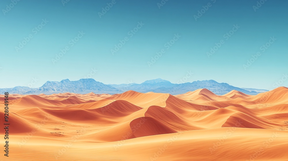 Naklejka premium Serene Desert Landscape with Rolling Sand Dunes and Clear Sky for Copy Space