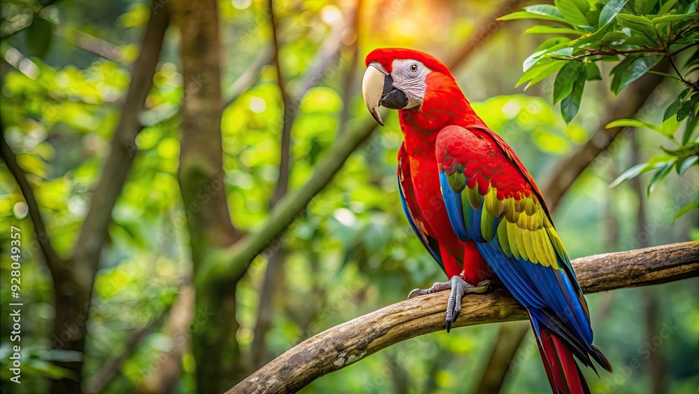 Red Macaw Parrot perched on tree branches in the forest, Red Macaw, Parrot, Bird, Perched, Tree branches, Forest Red Macaw Parrot perched on tree branches in the forest, Red Macaw, Parrot, Bird, Perched, Tree branches, Forest