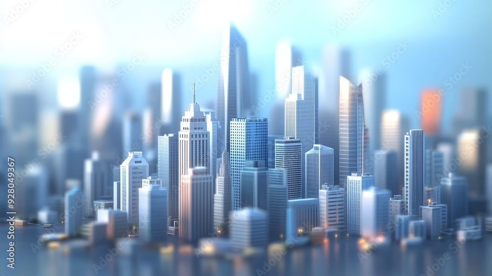 A stylized cityscape with tall buildings and a shallow depth of field. The sky is blue and the buildings are rendered in a 3D style. A stylized cityscape with tall buildings and a shallow depth of field. The sky is blue and the buildings are rendered in a 3D style.