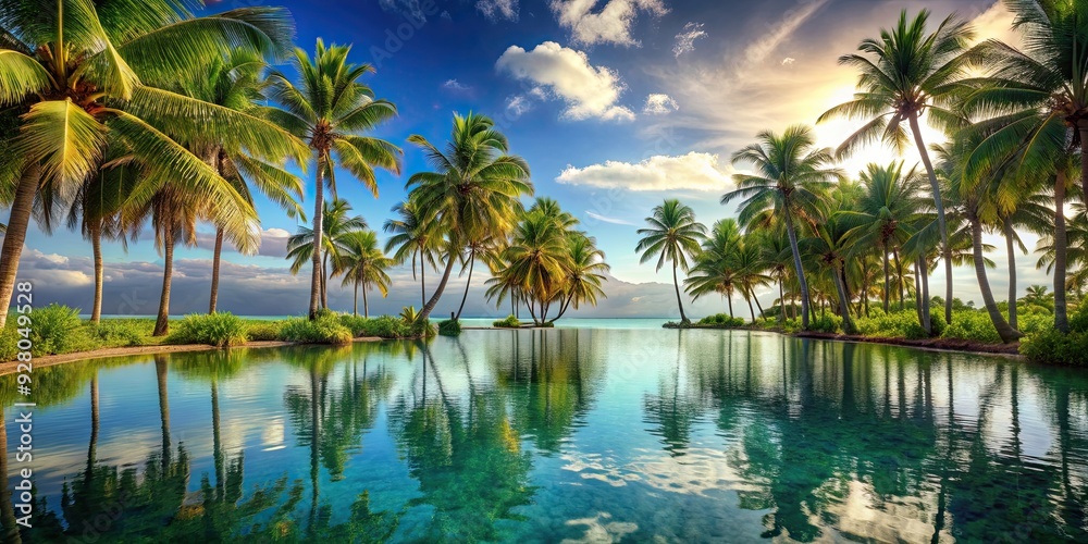 Towering palms and serene waters in a majestic tropical oasis, tropical, oasis, palm trees, lush, paradise, relaxation Towering palms and serene waters in a majestic tropical oasis, tropical, oasis, palm trees, lush, paradise, relaxation