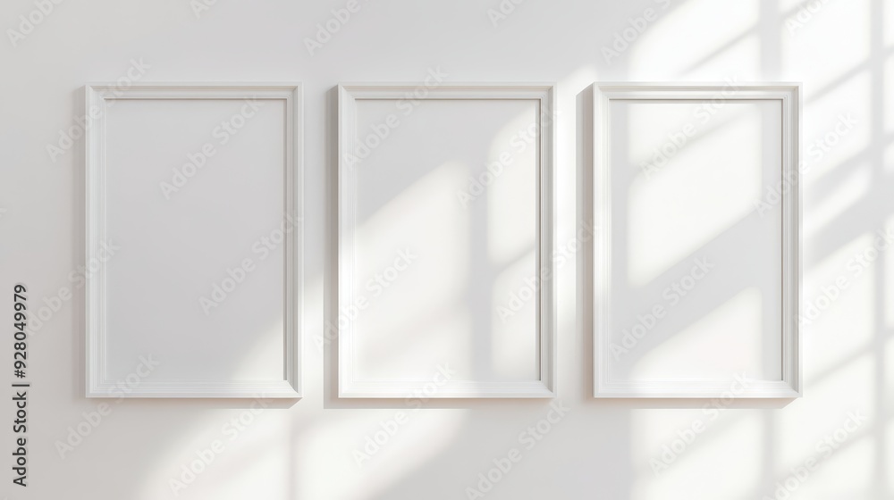 Three white picture frames on white background