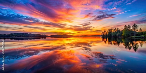 Reflection of a vibrant sunset in a calm lake , water, nature, sunset, mirror, peaceful, serene, tranquil, beauty