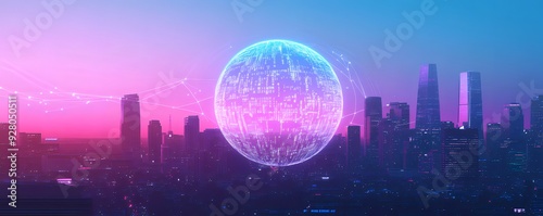 A digital globe with code and numbers floating above an urban skyline, representing the AI grid's global reach. gence or data technology