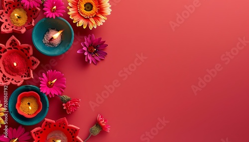 Colorful Happy Diwali festival backdrop with bokeh lights, oil lamp, flower on red background