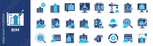 Building Information Modeling icon collection set. Containing design, information, development, construction, technology, and more. Solid vector icons collection.	