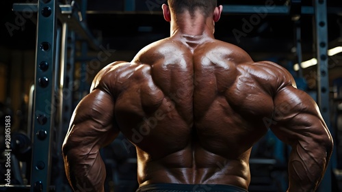 Bodybuilder with a cobra back muscular body after training at the gym with weights lat pulldowns front and back