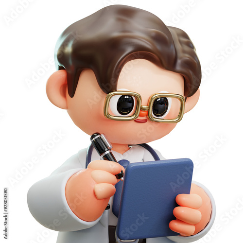 Doctor Writing Clipboard with pen for medical report or prescription, medical insurance and diagnostics of a diseases, 3D cute cartoon character. Smiling male doctor with stethoscope. Concept of scien photo