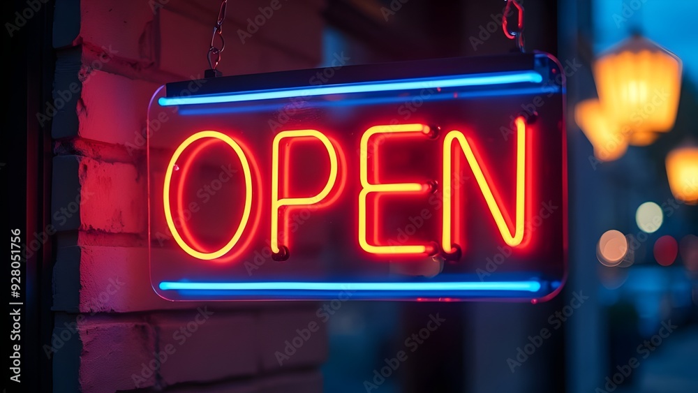 Neon open sign in front of a store or pub modern commercial restaurant or bar availability announcement Neon open sign in front of a store or pub modern commercial restaurant or bar availability announcement