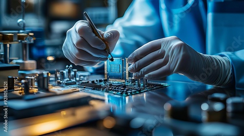 Manufacturing Industrial Biomedical Engineer Biomedical engineer s hands assembling a microchip for a medical device photo