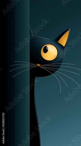 black kitty cat kitten yellow eyes peeking out corner face pitch nosey neighbors left side cartoon still clear background set long pointy ears sneaky cute trademarks symbols