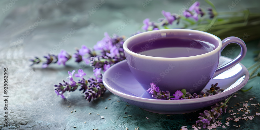 Purple Teacup with Beverage and Lavender Sprigs on Textured Surface Purple Teacup with Beverage and Lavender Sprigs on Textured Surface