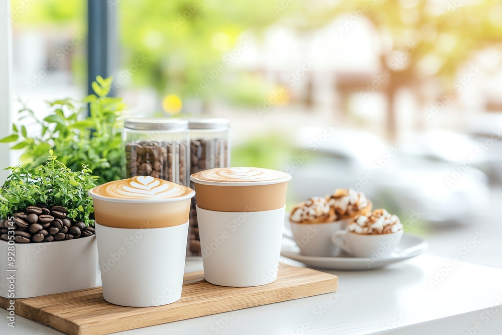 A cozy coffee scene featuring cups, beans, and pastries in a bright cafe setting, perfect for relaxation and enjoyment. A cozy coffee scene featuring cups, beans, and pastries in a bright cafe setting, perfect for relaxation and enjoyment.