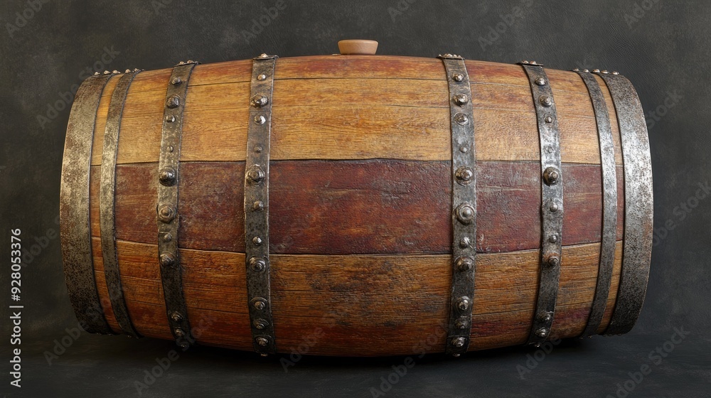 Aged wine barrel with iron bands and weathered wood, conveying a sense of tradition and history Aged wine barrel with iron bands and weathered wood, conveying a sense of tradition and history