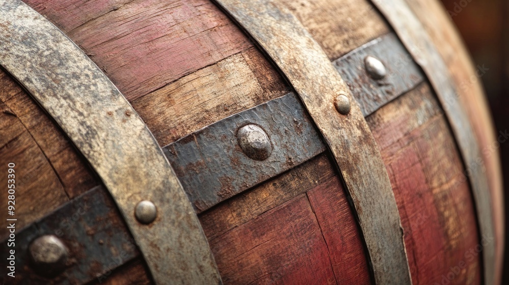 Aged wine barrel with iron bands and weathered wood, conveying a sense of tradition and history. Aged wine barrel with iron bands and weathered wood, conveying a sense of tradition and history.