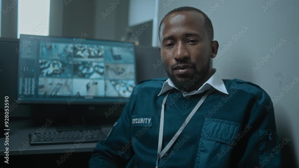African American male security guard sits at the workplace in the office and looks at camera. Computer monitor with displayed surveillance video footage from CCTV cameras in the background. Portrait. African American male security guard sits at the workplace in the office and looks at camera. Computer monitor with displayed surveillance video footage from CCTV cameras in the background. Portrait.