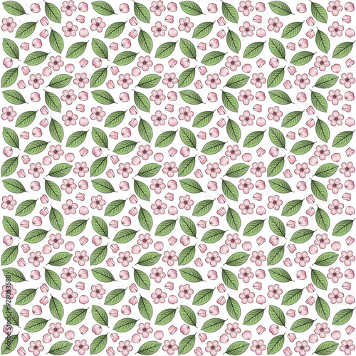 Pink Cherry blossom with leaves and petal seamless pattern illustration with transparent background