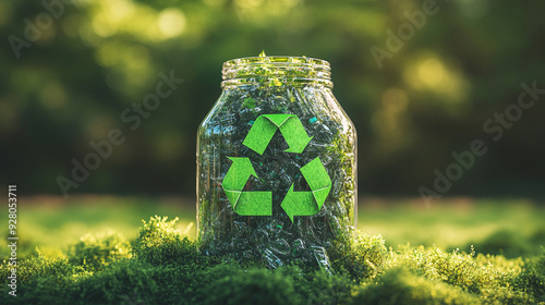 glass jar featuring the universal recycling symbol, symbolizing sustainability and environmental consciousness. The image emphasizes the importance of recycling and eco-friendly practices in preservin photo