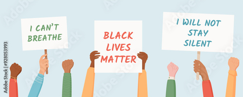 Diverse hands hold Black Lives Matter signs and protest messages like I Cant Breathe. This social media template showcases people united in demonstration with strength, support, and solidarity.