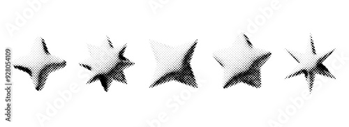 Halftone grunge stars set. 3d dotted grainy star shape collection. Y2K bitmap gradient elements bundle. Pixel comic burst and sparkle elements for graphic design, poster, banner, flyer. Vector pack