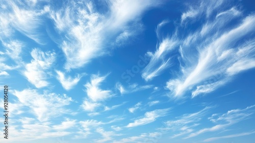 Clear blue sky with soft, wispy clouds creating a peaceful and open atmosphere, perfect for serene designs.