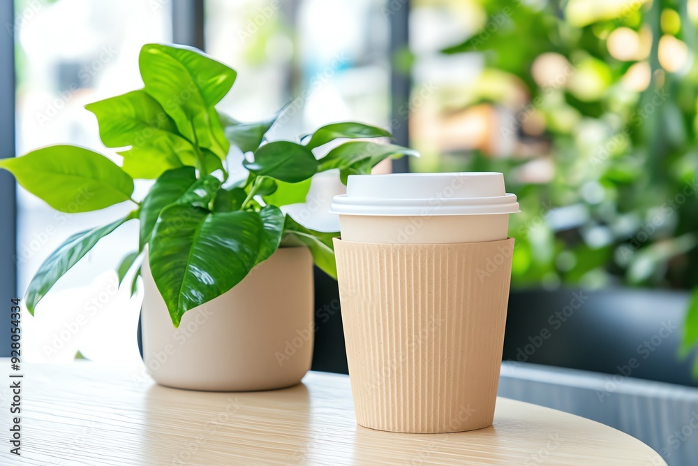Cozy coffee cup beside a potted plant, showcasing a serene indoor setting for relaxation and productivity. Cozy coffee cup beside a potted plant, showcasing a serene indoor setting for relaxation and productivity.