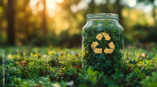 glass jar featuring the universal recycling symbol, symbolizing sustainability and environmental consciousness. The image emphasizes the importance of recycling and eco-friendly practices in preservin photo