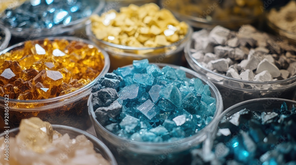 Close-up of mineral-rich rock samples in a mining laboratory with no people. Close-up of mineral-rich rock samples in a mining laboratory with no people.