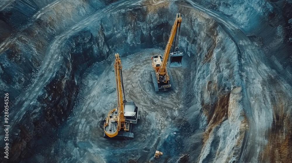 Close-up of mining drills and equipment in action within an open-pit mine. Close-up of mining drills and equipment in action within an open-pit mine.