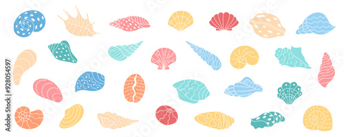 Colorful seashells and conchs illustrated in a cartoon graphic style. Assorted shellfish designs with snails and clams. Marine life and underwater vector elements. Cute sea creatures.