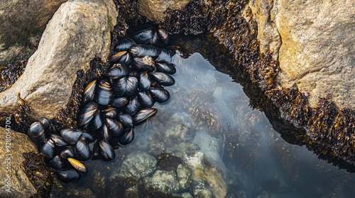 Clusters of mussels attached to rocks in a tidal pool, representing the resilience of marine life. photo