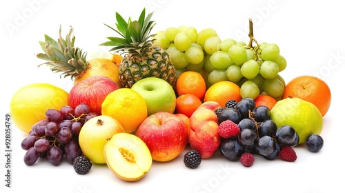 All Types of Beautiful and Colorful Fruits on a White Background: A Vibrant and Diverse Array of Fresh Fruits Displayed Against a Clean White Backdrop