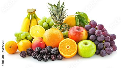 All Types of Beautiful and Colorful Fruits on a White Background: A Vibrant and Diverse Array of Fresh Fruits Displayed Against a Clean White Backdrop