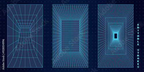Futuristic 3D tunnels with abstract wireframe grids and perspective. Digital mesh in an editable blue stroke grid. Y2K cyberpunk geometric patterns with tech elements.
