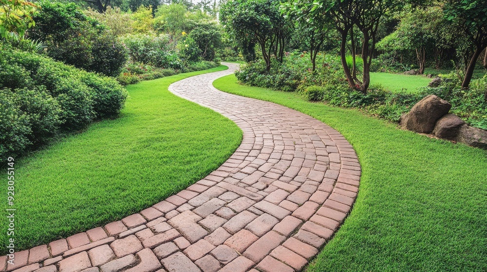 Curved brick walkway in a serene, well-maintained garden, devoid of people. Curved brick walkway in a serene, well-maintained garden, devoid of people.