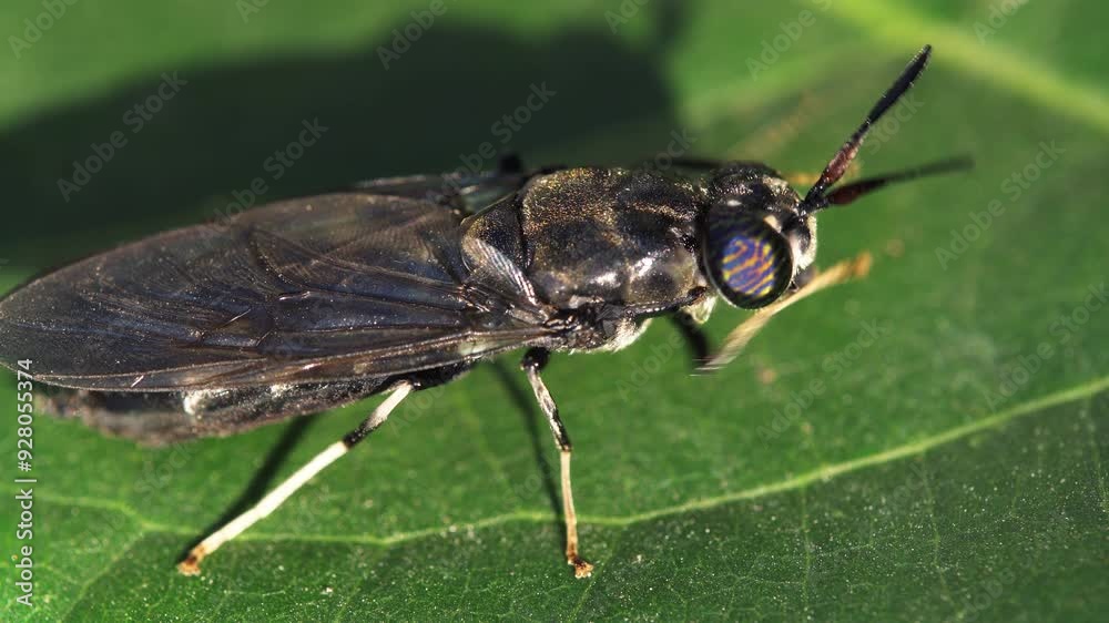 A black soldier fly on a leaf