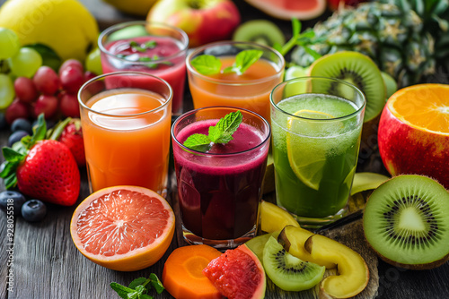 A vibrant and colorful arrangement of freshly made fruit juices in various glasses, surrounded by an assortment of fresh fruits. The juices come in different colors such as orange, green, and deep red