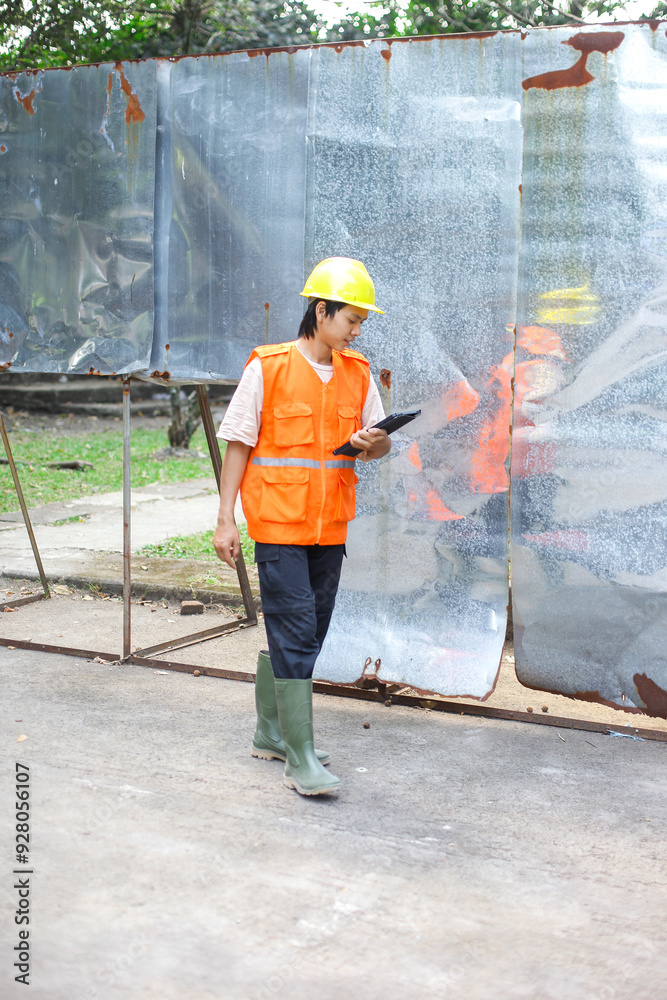 Young Builder Man Wear Safety Vest And Helmet Walking While Holding Digital Tablet Young Builder Man Wear Safety Vest And Helmet Walking While Holding Digital Tablet
