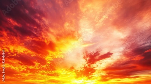 Fiery sunset sky with vibrant reds, oranges, and yellows blending together, creating a stunning and dramatic scene