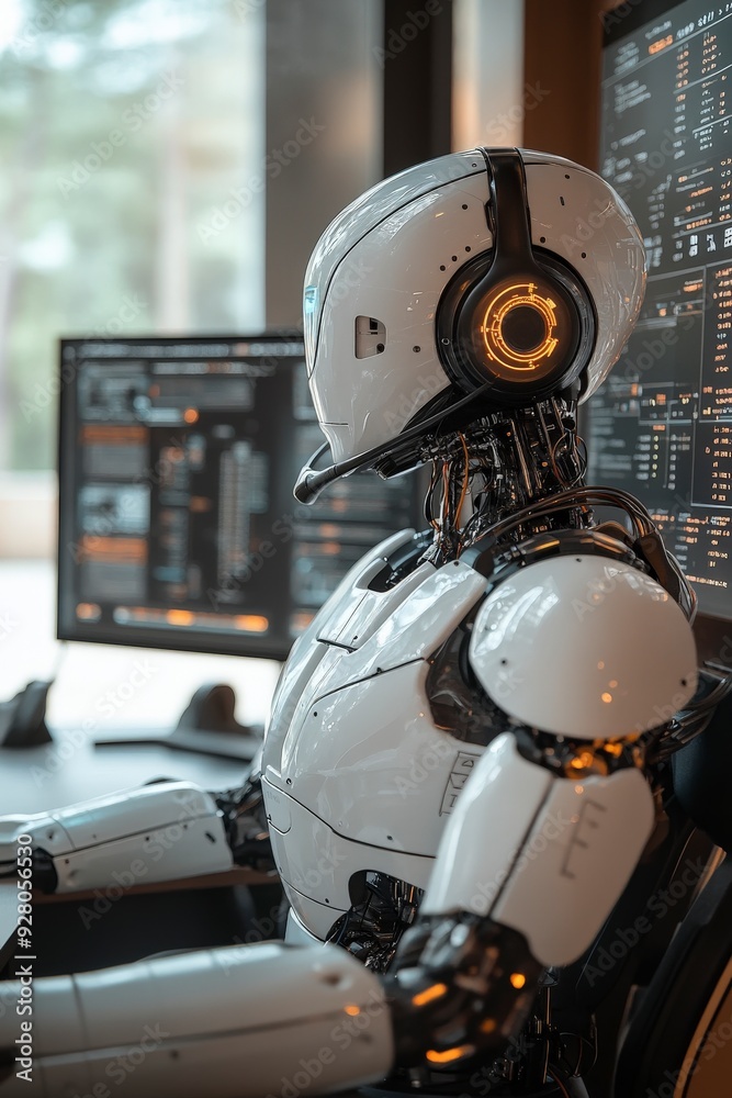 Fototapeta premium White humanoid robot wearing headphones sits at a desk in a modern office, analyzing data on computer screens.