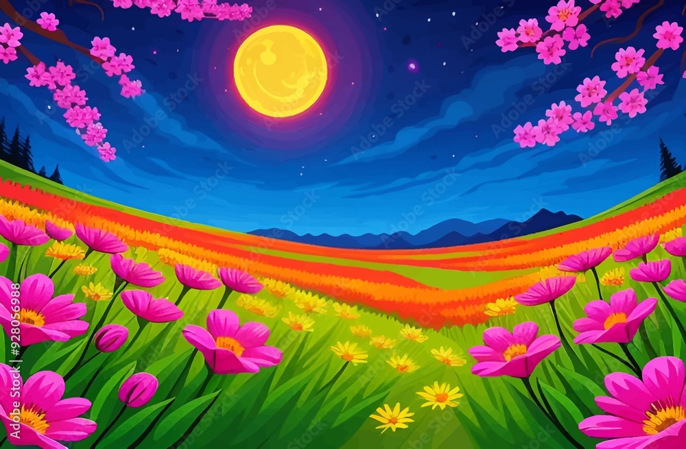 Fototapeta premium Beautiful and Peaceful Nature Scenery Illustration, Landscape, Countryside, Tranquil, Vibrant and Colorful