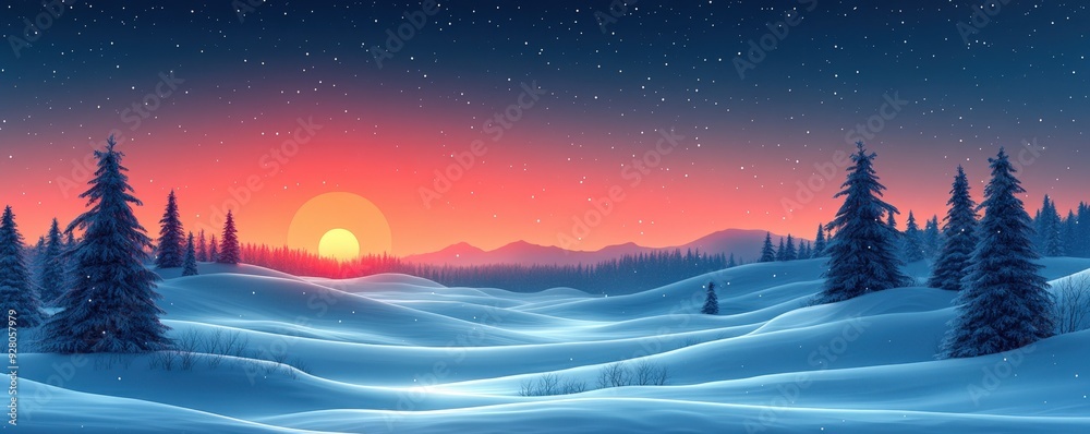 Snowy winter field with distant hills, flat design illustration Snowy winter field with distant hills, flat design illustration