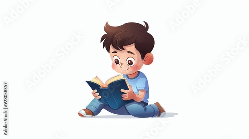 A young boy smiles as he sits and reads a book.