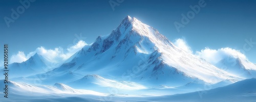 Snowy mountain peak under clear sky, flat design illustration