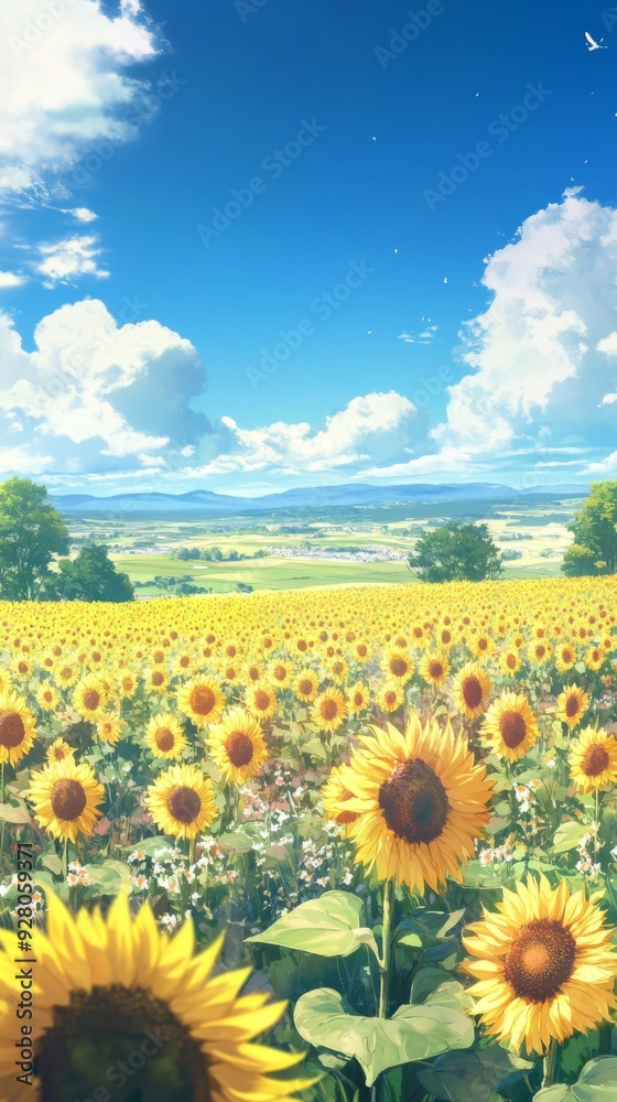 Fototapeta premium Sun-Kissed Enchantment: Anime-Style Sojourn Through a Golden Sunflower Field, Perfect for Seasonal Travel Posters and Summertime Wonder,anime-style,illustration,Picture BooksFor Poster,Novel,UI,WEB,Ga