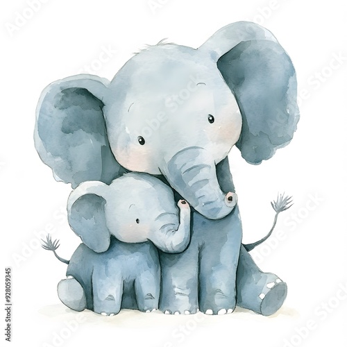 A mother elephant cuddling her baby in a sweet watercolor painting on a white background.