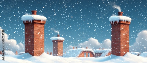 Snow-covered rooftop with chimneys, flat design illustration