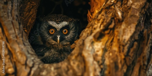 Spix s night monkey or owl monkey hiding in the tree hollow photo