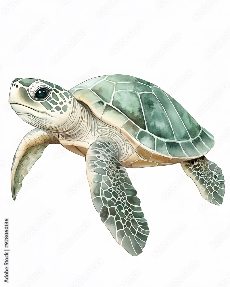 Fototapeta premium Cute watercolor sea turtle in soft green and beige colors for kids' rooms.