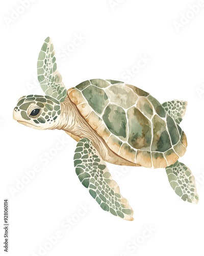 Cute watercolor sea turtle in soft green and beige colors for kids' rooms.