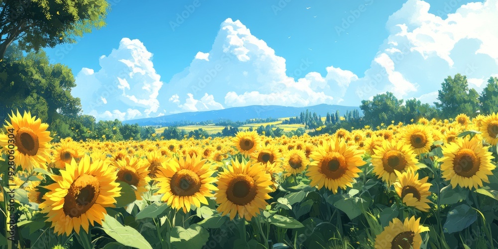 Obraz premium Sun-Kissed Enchantment: Anime-Style Sojourn Through a Golden Sunflower Field, Perfect for Seasonal Travel Posters and Summertime Wonder,anime-style,illustration,Picture BooksFor Poster,Novel,UI,WEB,Ga